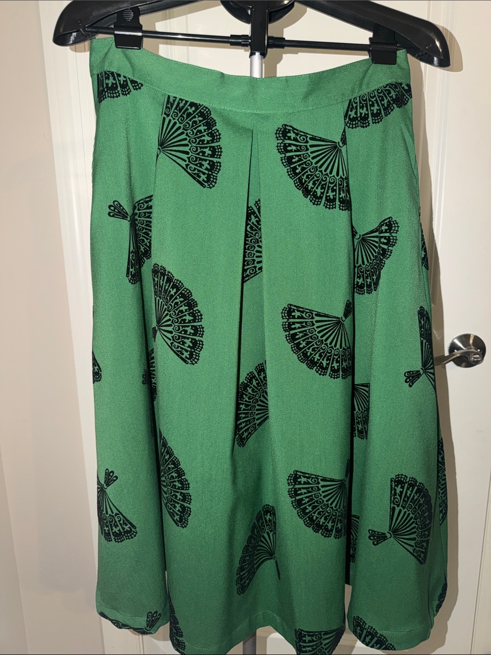 Tatyana Green Skater Skirt with Black Fan Print